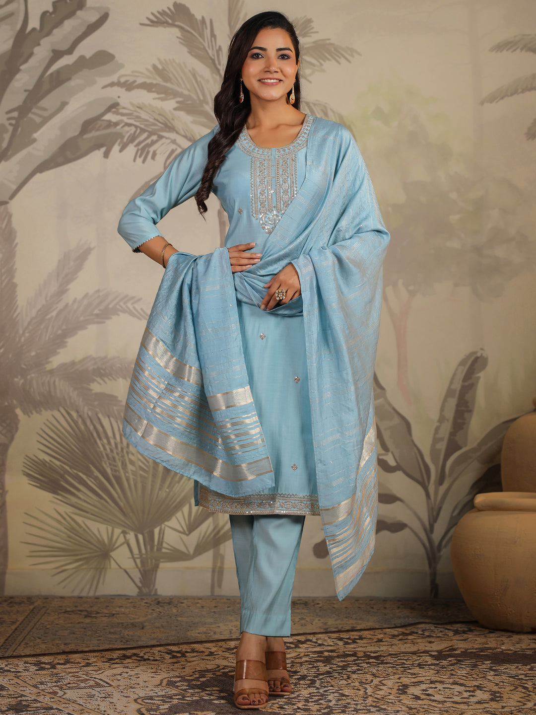 Light Blue Chanderi Silk Embroidered Straight Kurta Set