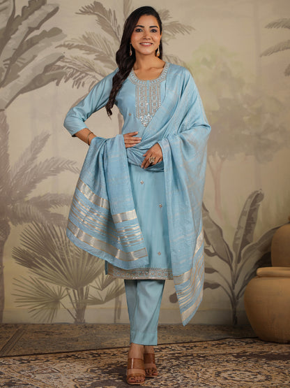 Light Blue Chanderi Silk Embroidered Straight Kurta Set