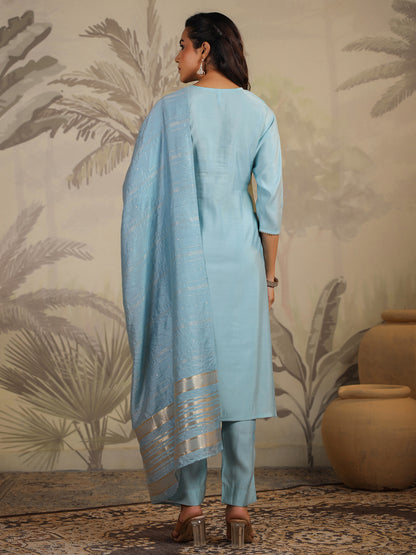 Light Blue Chanderi Silk Embroidered Straight Kurta Set