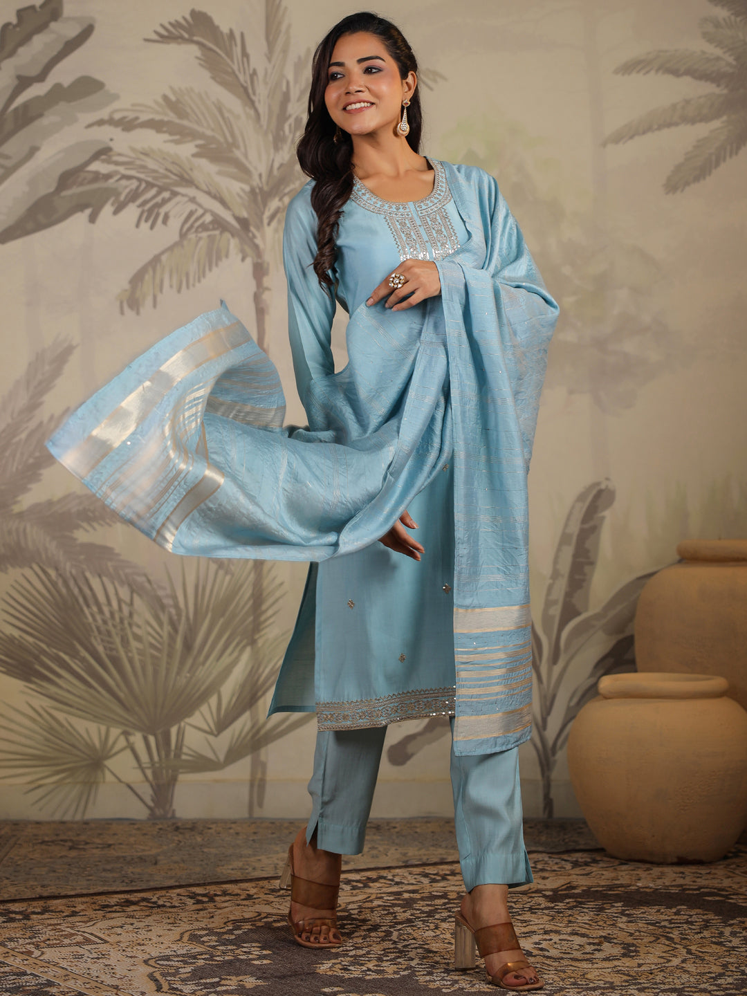 Light Blue Chanderi Silk Embroidered Straight Kurta Set