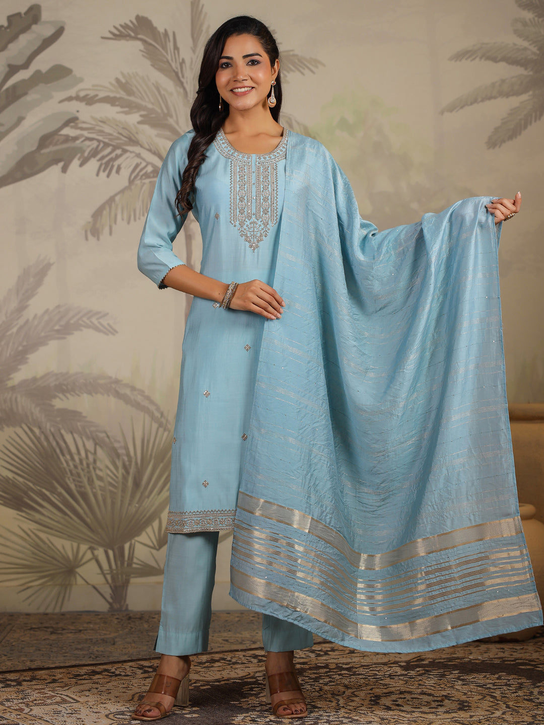 Light Blue Chanderi Silk Embroidered Straight Kurta Set