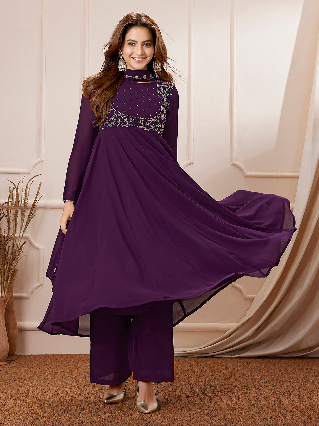 Purple Georgette Embroidered Anarkali Palazzo Set