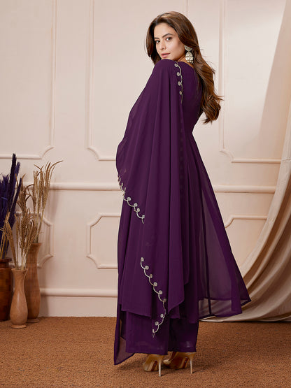 Purple Georgette Embroidered Anarkali Palazzo Set