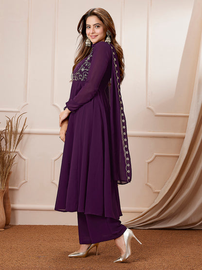 Purple Georgette Embroidered Anarkali Palazzo Set