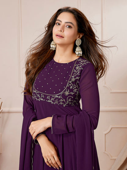 Purple Georgette Embroidered Anarkali Palazzo Set