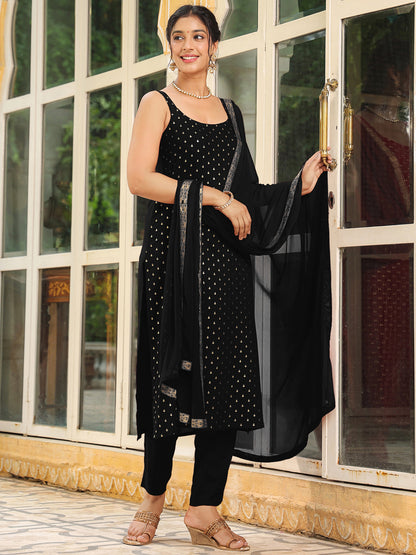 Black Rayon Foil Printed Straight Kurta Set