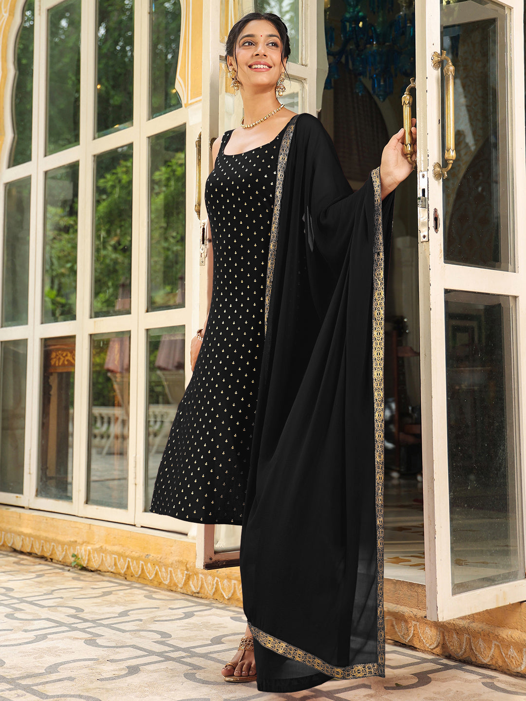 Black Rayon Foil Printed Straight Kurta Set