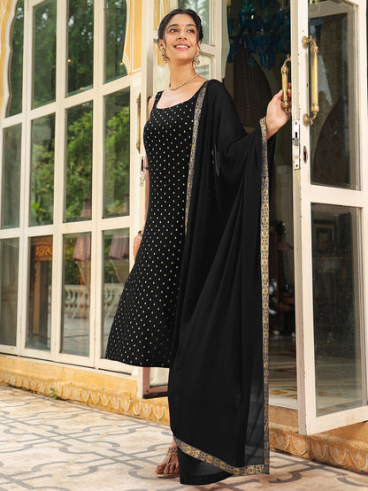 Black Rayon Foil Printed Straight Kurta Set