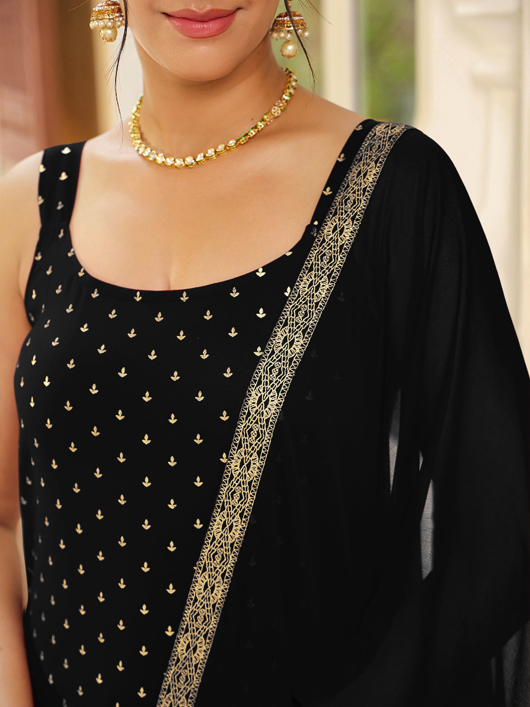 Black Rayon Foil Printed Straight Kurta Set