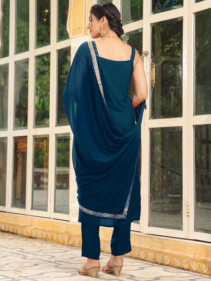 Janasya Women's Teal Blue Rayon Foil Printed Straight Kurta Set