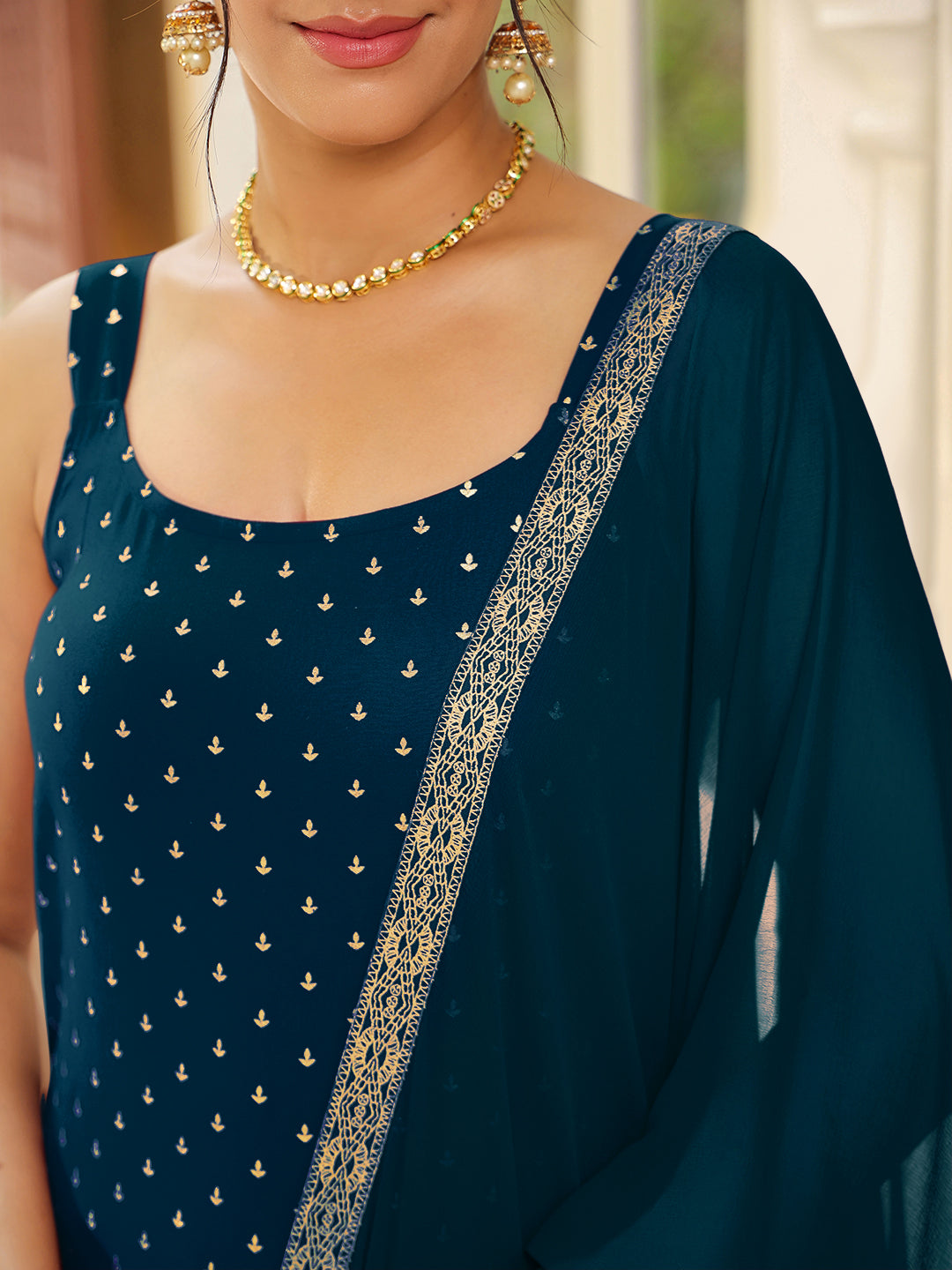 Janasya Women's Teal Blue Rayon Foil Printed Straight Kurta Set