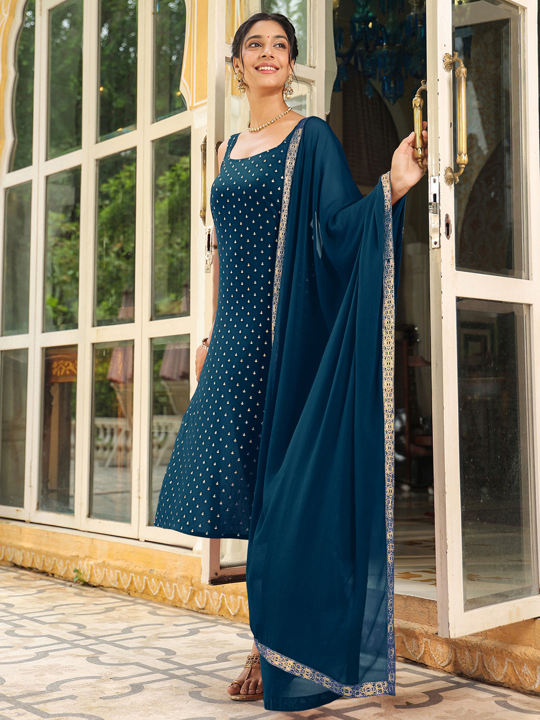 Janasya Women's Teal Blue Rayon Foil Printed Straight Kurta Set