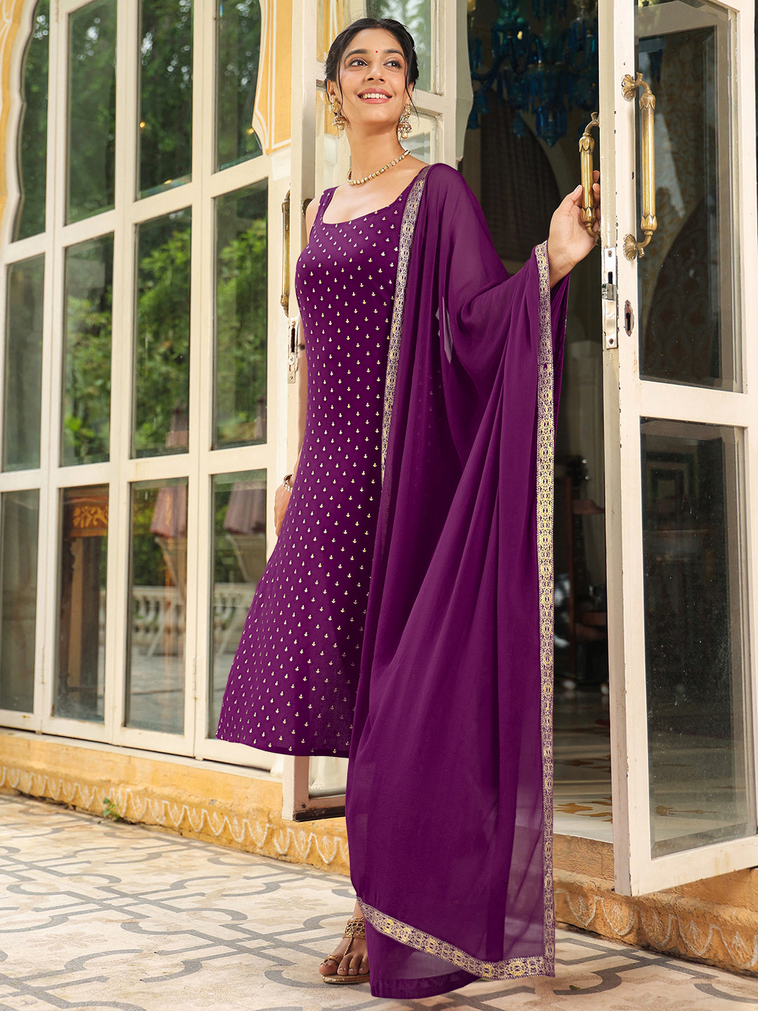 Purple Rayon Foil Printed Straight Kurta Set