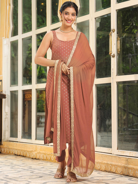 Rust Rayon Foil Printed Straight Kurta Set