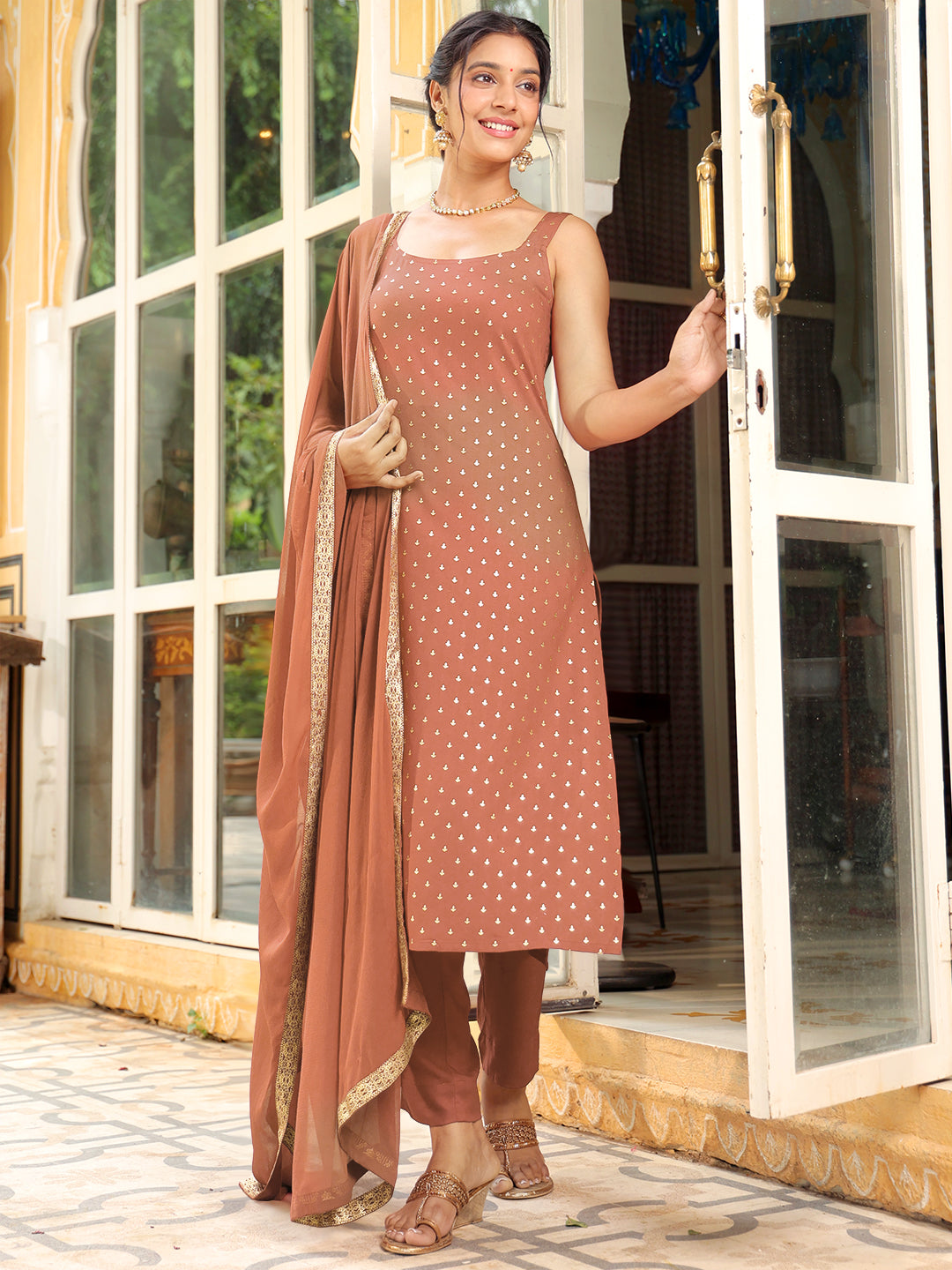 Rust Rayon Foil Printed Straight Kurta Set