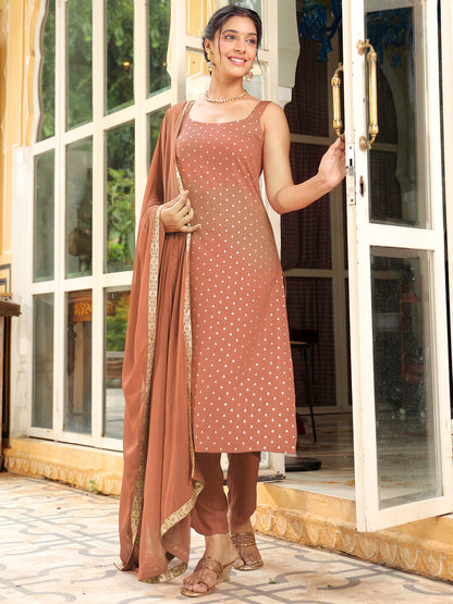 Rust Rayon Foil Printed Straight Kurta Set