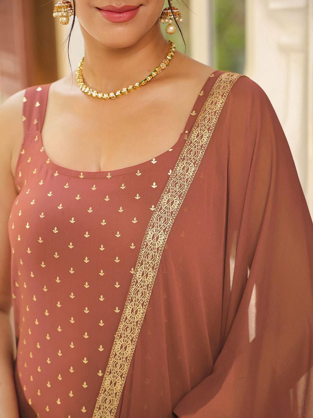 Rust Rayon Foil Printed Straight Kurta Set