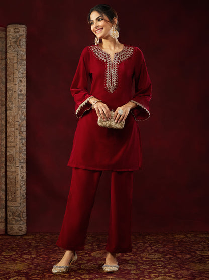 Janasya Women's Maroon Velvet Zari Yoke Embroidered Straight Co-ord Set