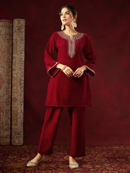 Janasya Women's Maroon Velvet Zari Yoke Embroidered Straight Co-ord Set