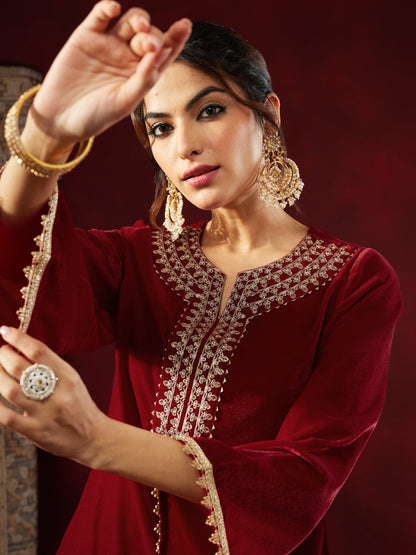 Janasya Women's Maroon Velvet Zari Yoke Embroidered Straight Co-ord Set