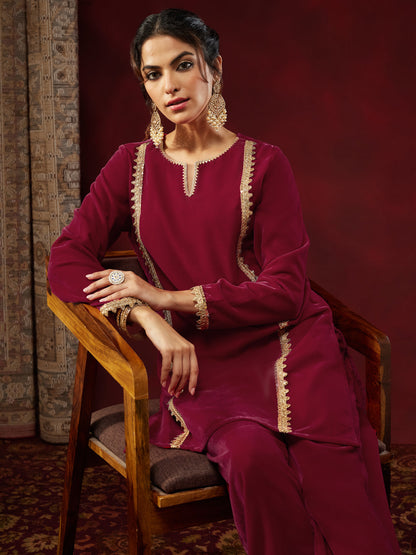 Janasya Women's Pink Velvet Embellished Straight Co-ord Set