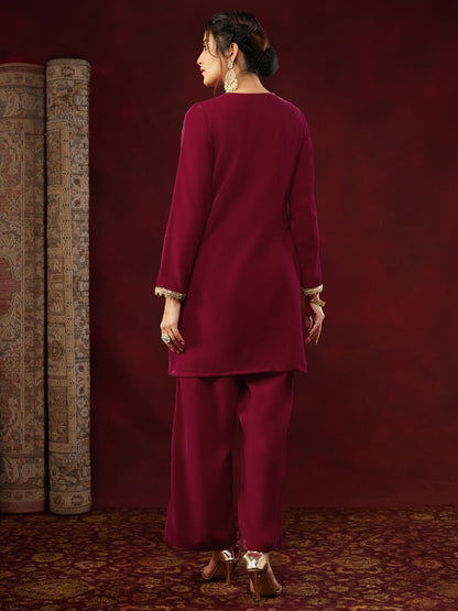 Janasya Women's Pink Velvet Embellished Straight Co-ord Set