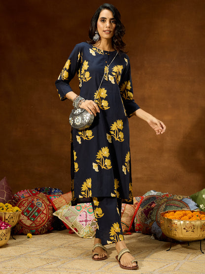 Janasya Women's Navy Blue Pure Cotton Floral Printed Straight Co-ord Set