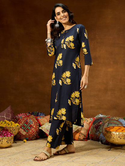 Janasya Women's Navy Blue Pure Cotton Floral Printed Straight Co-ord Set