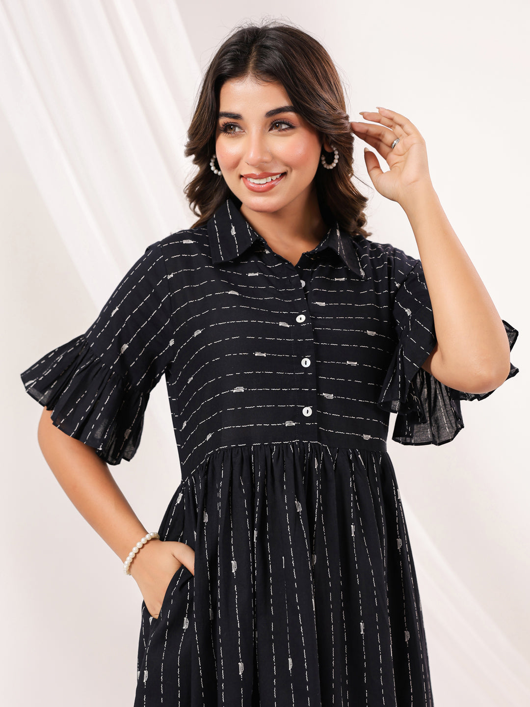 Janasya Women's Black Cotton Abstract Printed A-line Dress