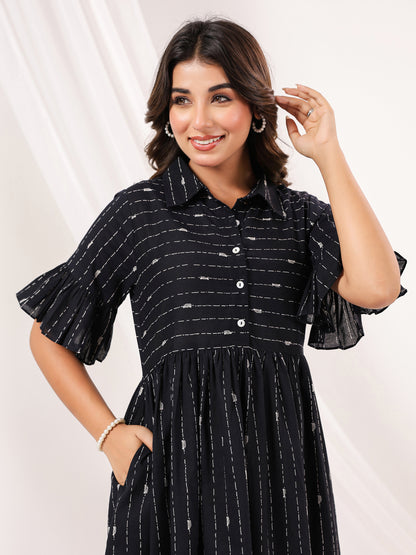 Janasya Women's Black Cotton Abstract Printed A-line Dress