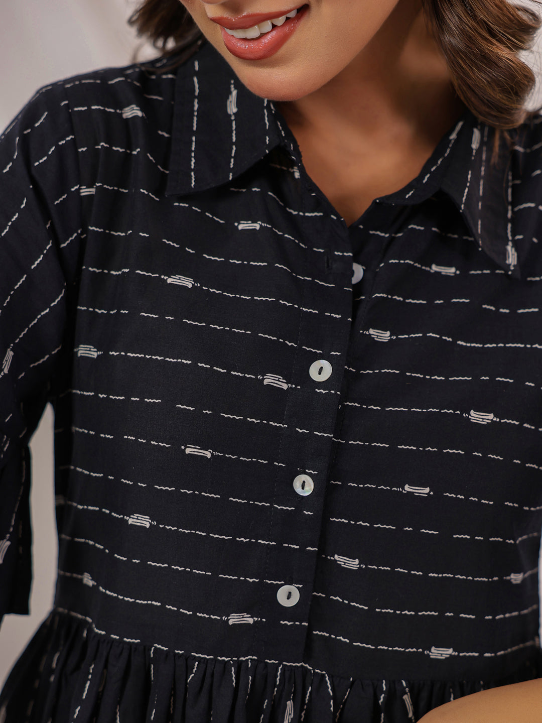 Janasya Women's Black Cotton Abstract Printed A-line Dress