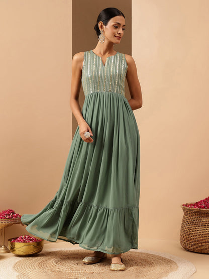 Janasya Women's Sage Green Georgette Sequined Gathered Flared Gown