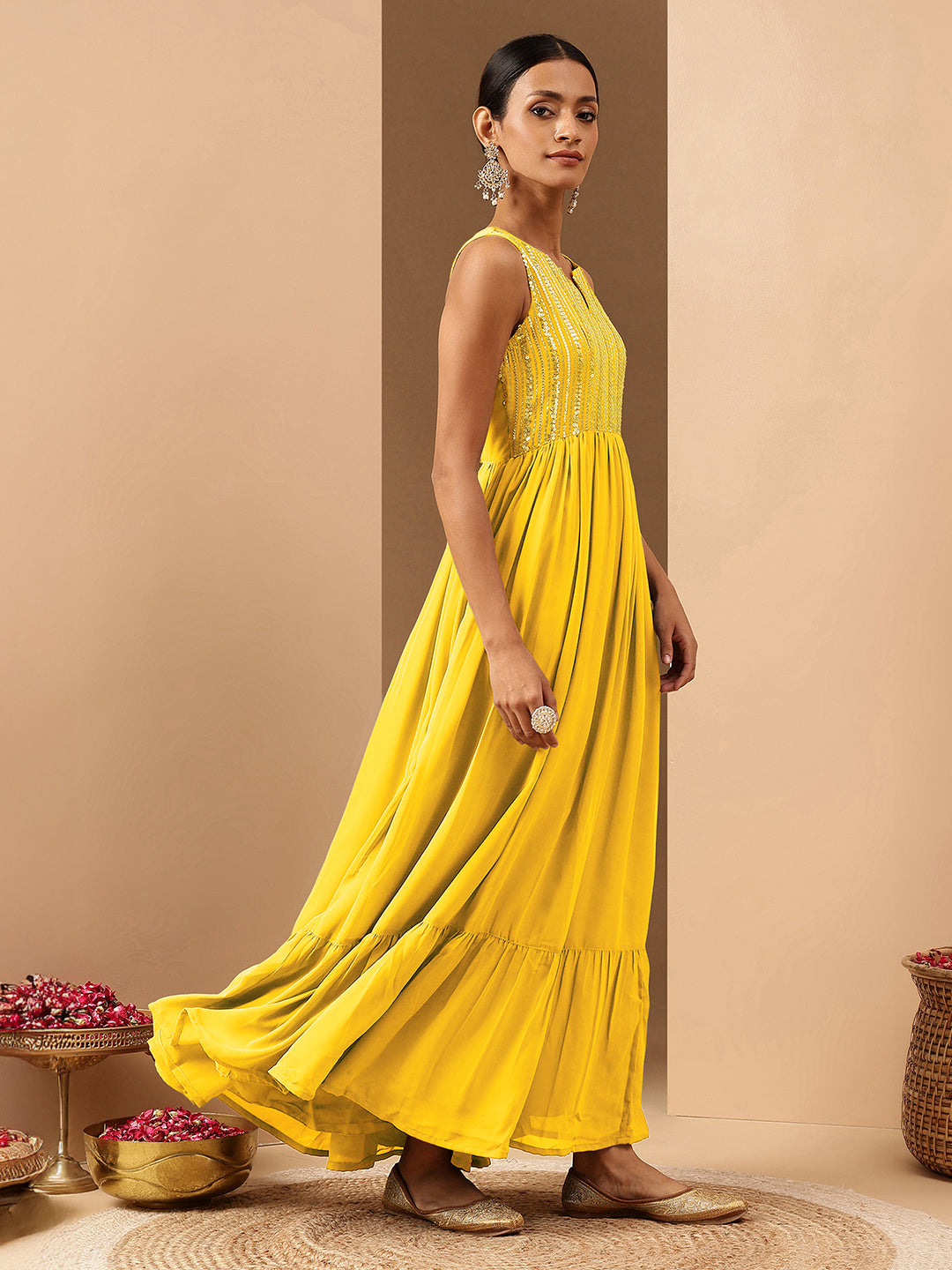 Janasya Women's Yellow Georgette Sequined Gathered Flared Gown