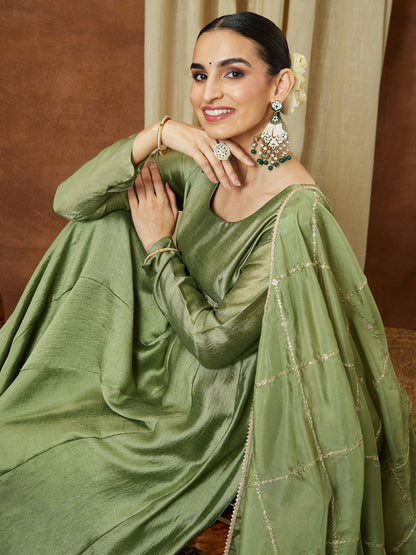 Janasya Women's Sage Green Silk Blend Flared Gown With Embellished Belt