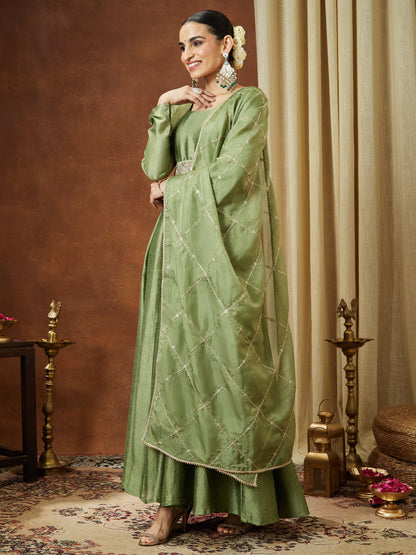 Janasya Women's Sage Green Silk Blend Flared Gown With Embellished Belt