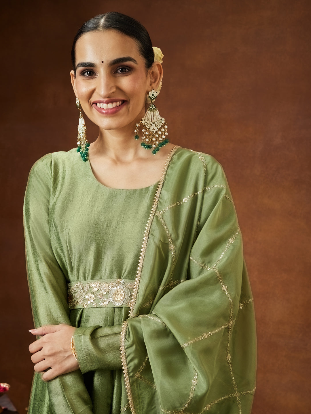 Janasya Women's Sage Green Silk Blend Flared Gown With Embellished Belt