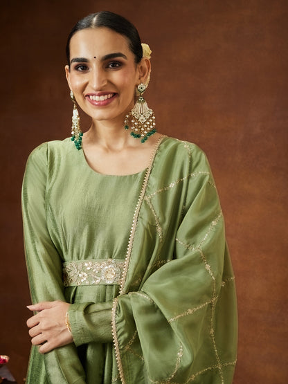 Janasya Women's Sage Green Silk Blend Flared Gown With Embellished Belt