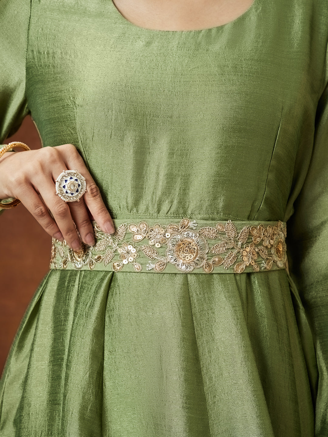 Janasya Women's Sage Green Silk Blend Flared Gown With Embellished Belt