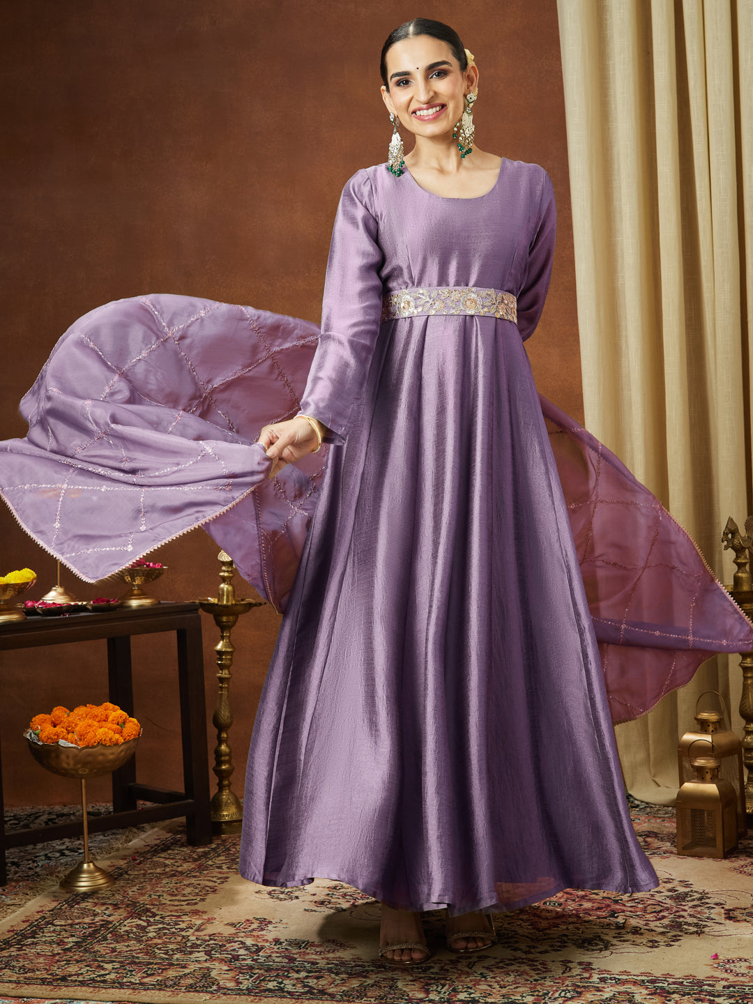 Janasya Women's Lavender Silk Blend Flared Gown With Embellished Belt
