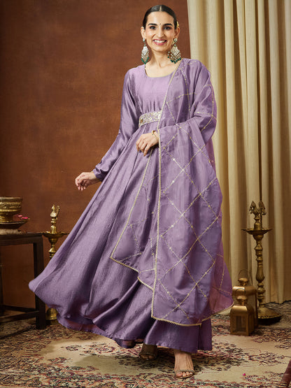 Janasya Women's Lavender Silk Blend Flared Gown With Embellished Belt