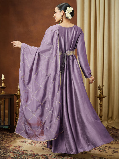 Janasya Women's Lavender Silk Blend Flared Gown With Embellished Belt