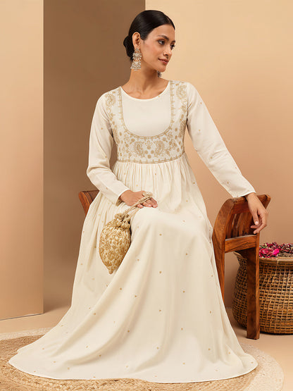 Janasya Women's Off White Soft Pure Cotton Zari Embroidered Anarkali Gathered Gown