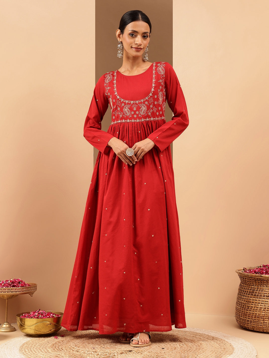 Janasya Women's Maroon Soft Pure Cotton Zari Embroidered Anarkali Flared Gown