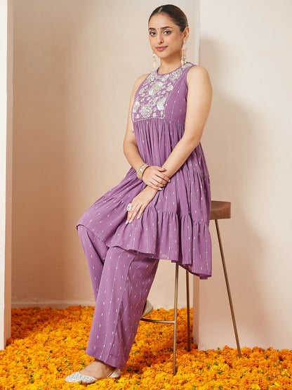 Janasya Women's Lavender Georgette Embellished Tiered Kurta With Palazzo Set