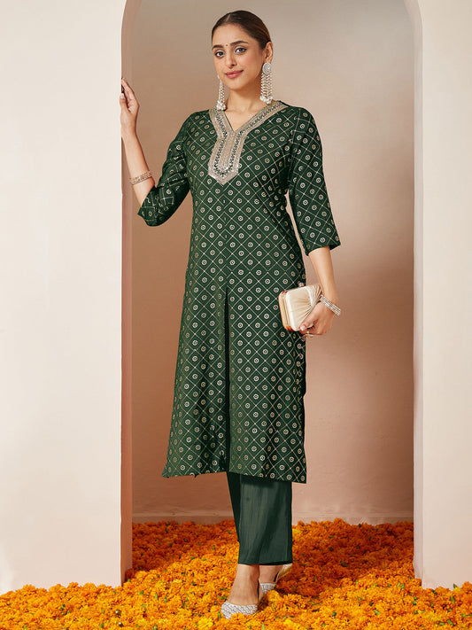 Janasya Women's Dark Green Silk Blend Yoke Embroidered Straight Front-slit Kurta Pant Set