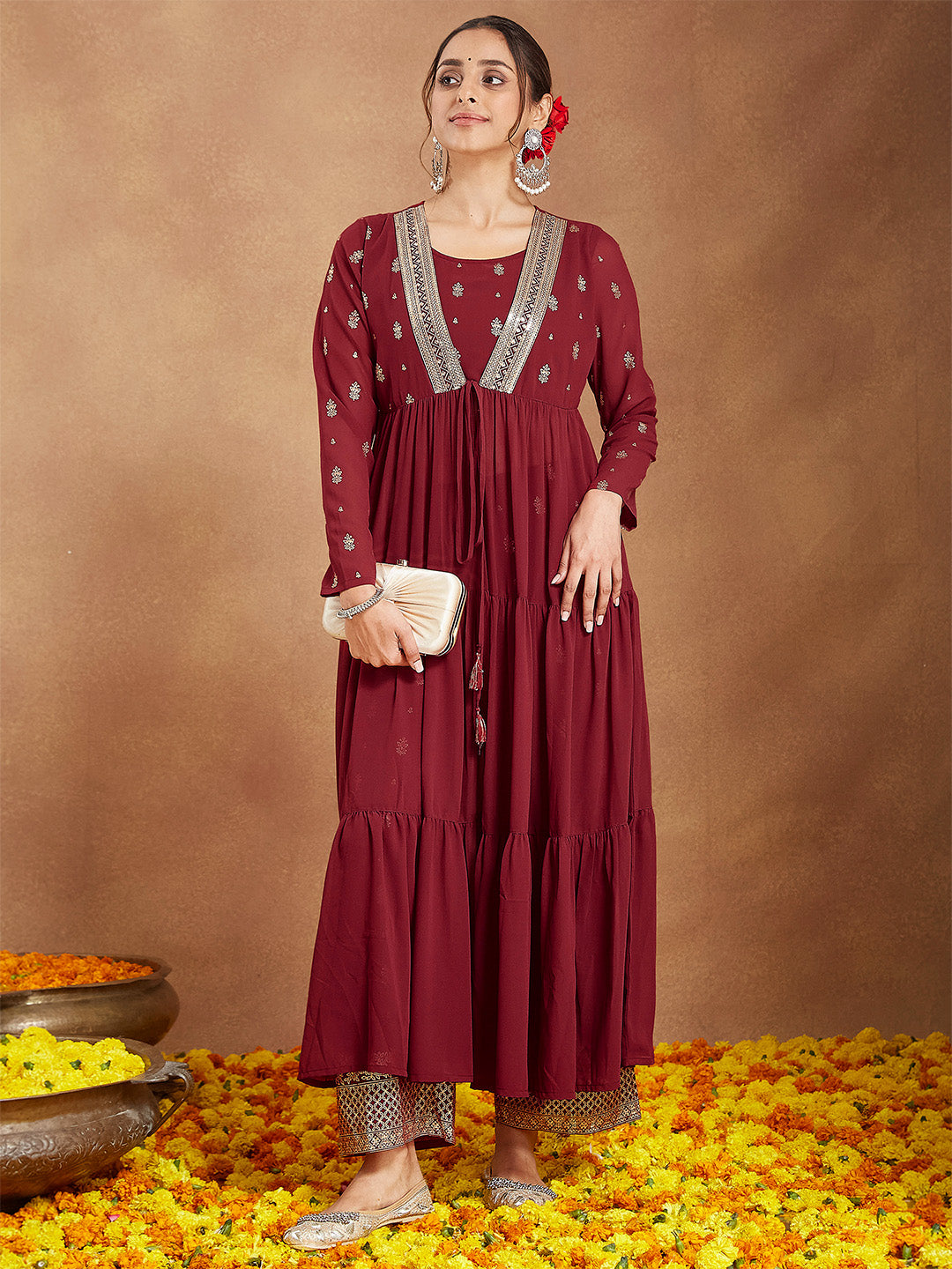 Janasya Women's Maroon Georgette Embellished Foil Printed Front-open Tiered Kurta Pant Set
