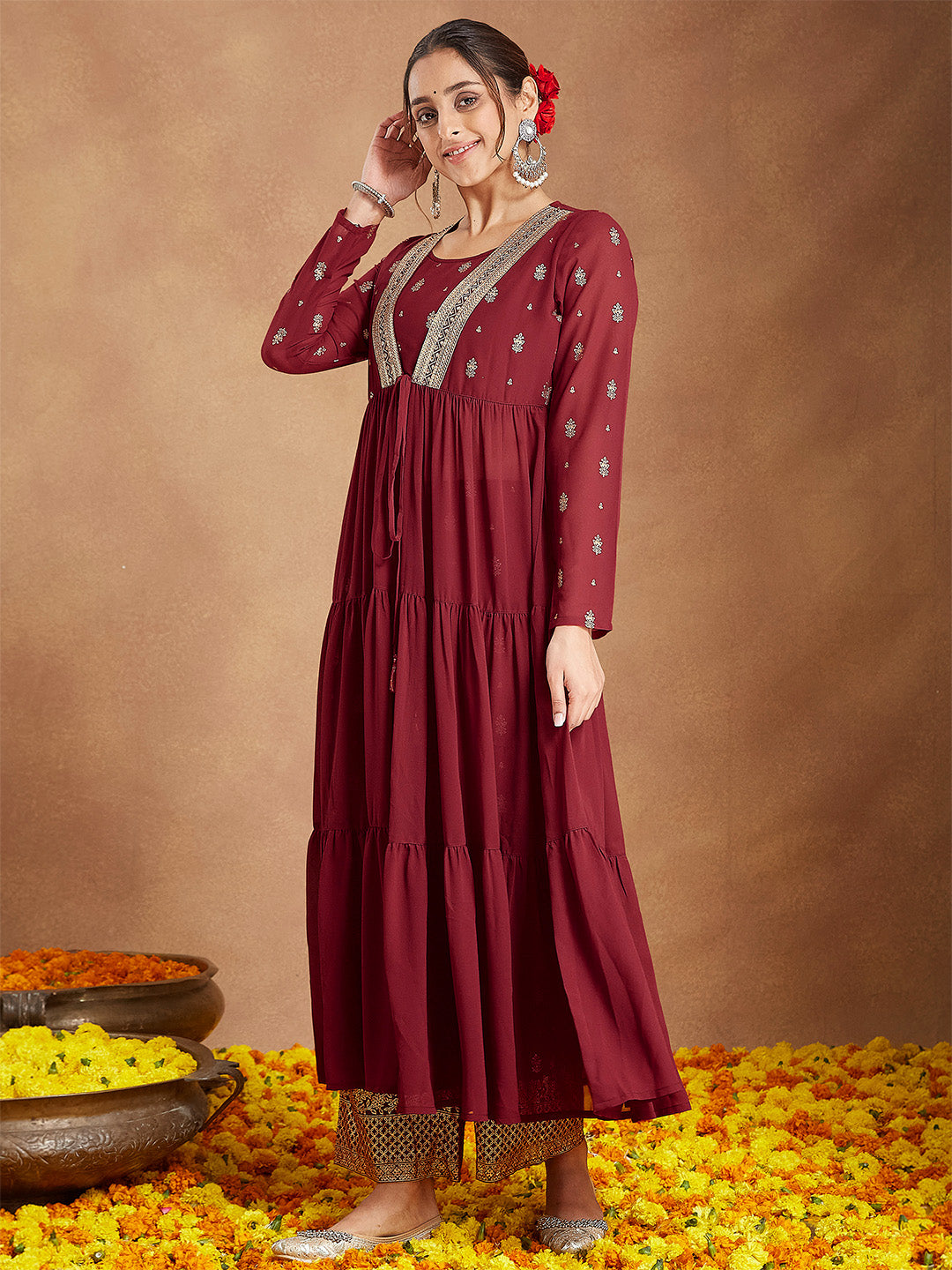 Janasya Women's Maroon Georgette Embellished Foil Printed Front-open Tiered Kurta Pant Set