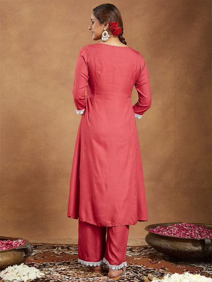 Janasya Women's Rust Rayon Yoke Embroidered A-line Kurta With Palazzo Set