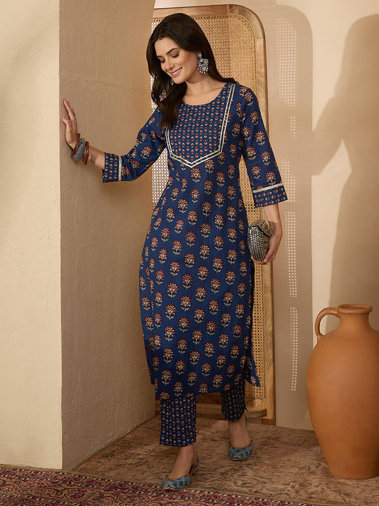 Janasya Women's Dark Blue Pure Cotton Floral Printed Straight Kurta with Pant Set