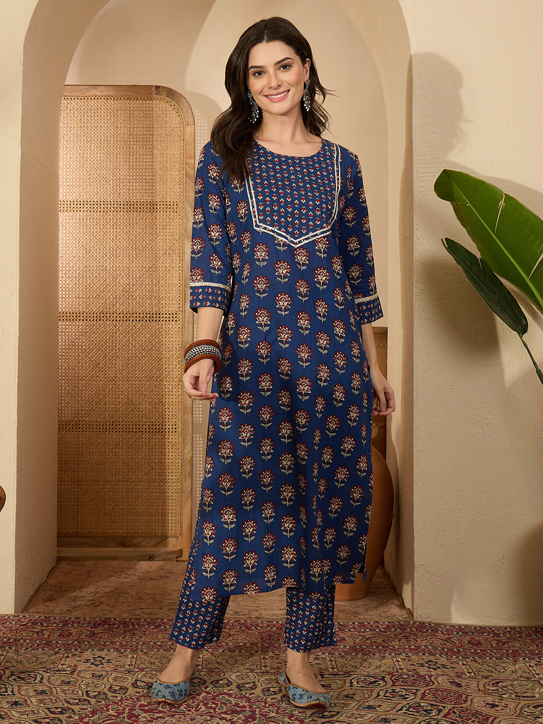 Janasya Women's Dark Blue Pure Cotton Floral Printed Straight Kurta with Pant Set